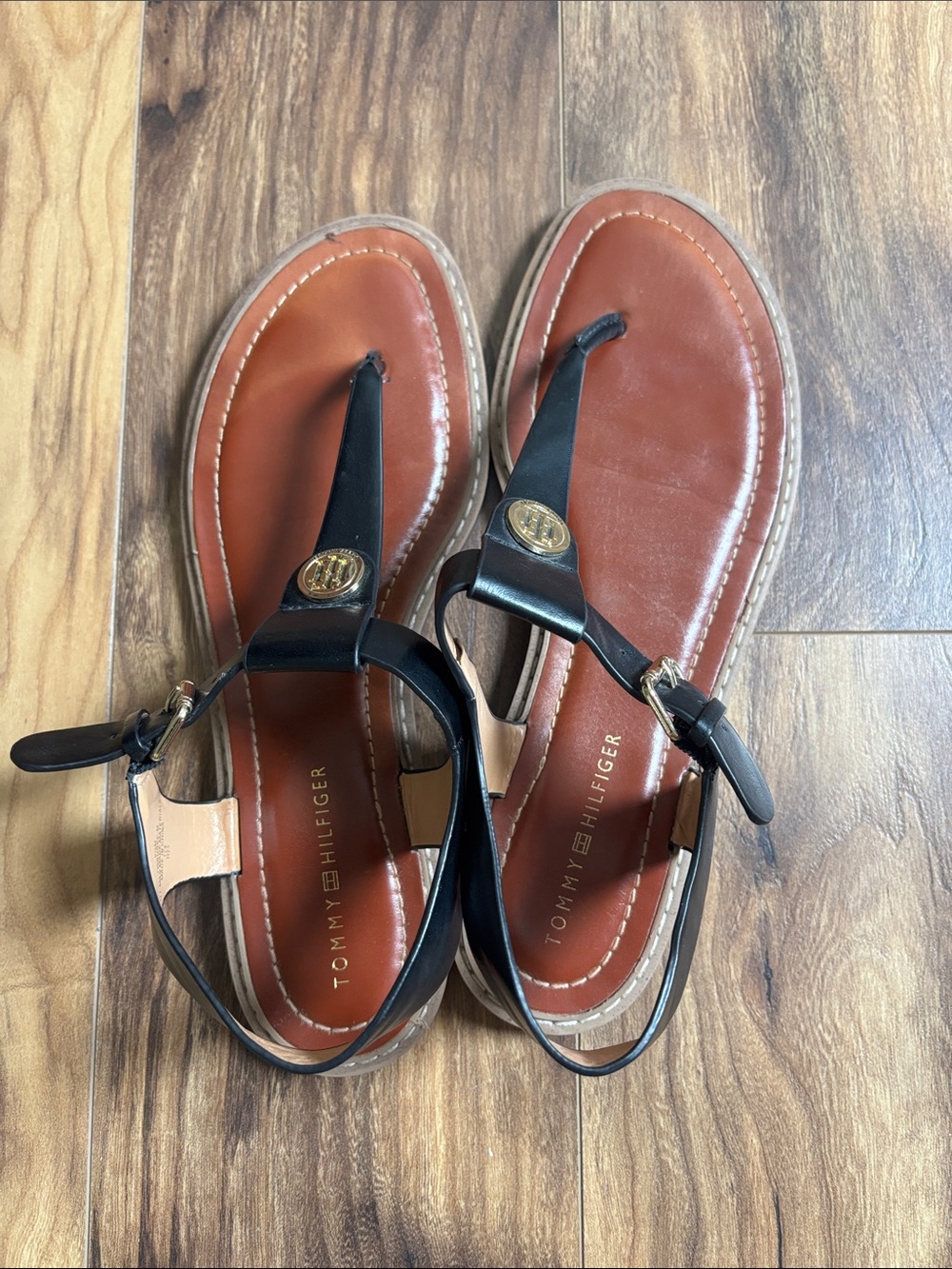Tommy Hilfiger Black and Brown Leather T-Strap Sandals